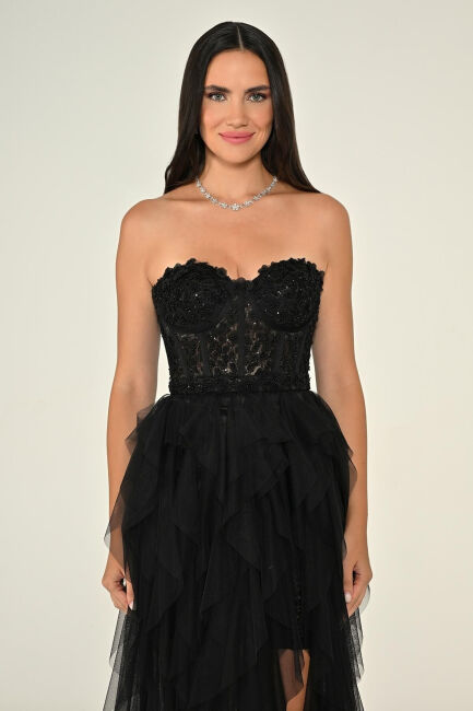 Siyah Straplez İşlemeli Büstiyerli Fırfırlı Tül Abiye Elbise 56 - 2