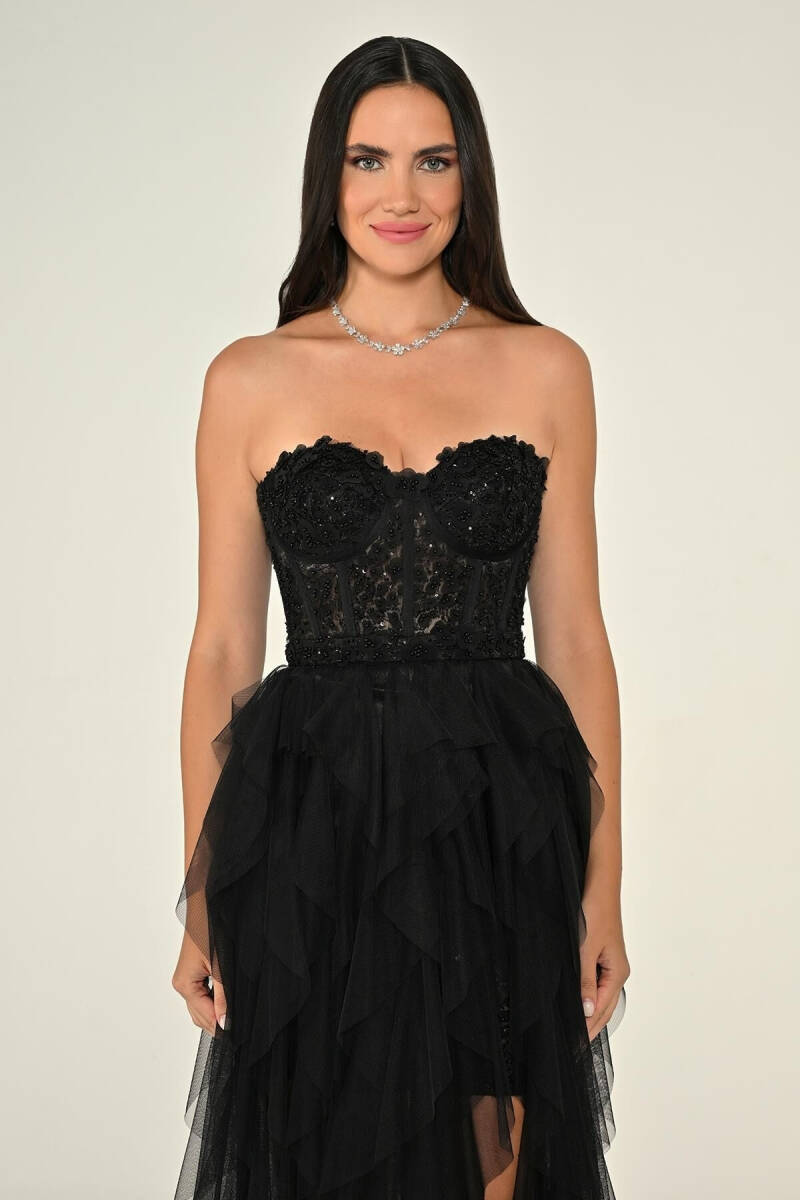 Siyah Straplez İşlemeli Büstiyerli Fırfırlı Tül Abiye Elbise 56 - 2