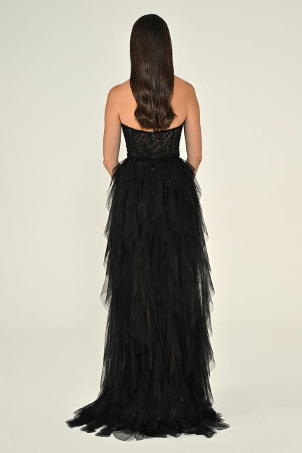 Siyah Straplez İşlemeli Büstiyerli Fırfırlı Tül Abiye Elbise 56 - 4