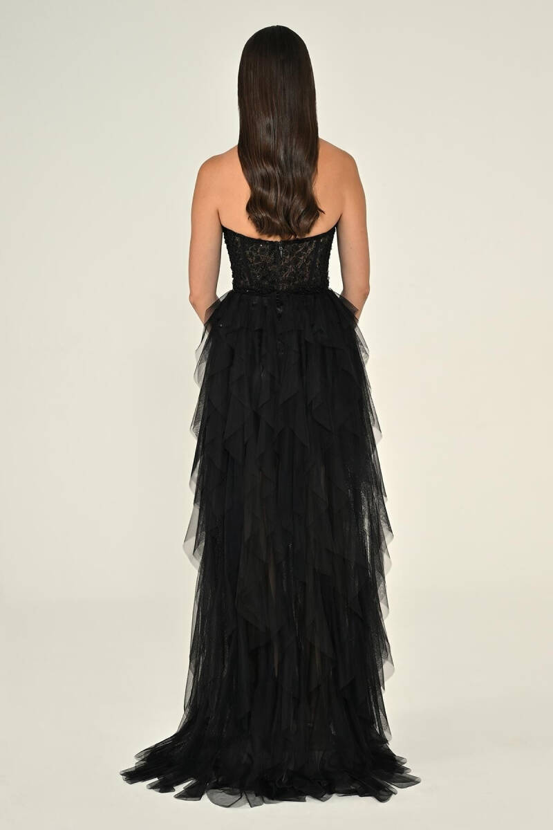 Siyah Straplez İşlemeli Büstiyerli Fırfırlı Tül Abiye Elbise 56 - 4