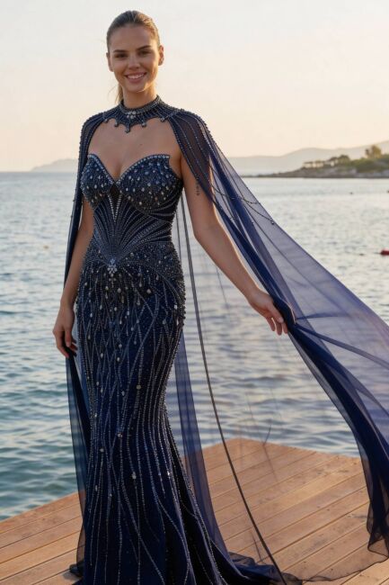 Siyah Straplez Pelerinli Sarkanca Taşlı Balık İthal Abiye Elbise 25 - DRESSİNG ROOM