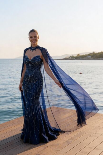 Siyah Straplez Pelerinli Sarkanca Taşlı Balık İthal Abiye Elbise 25 - 2