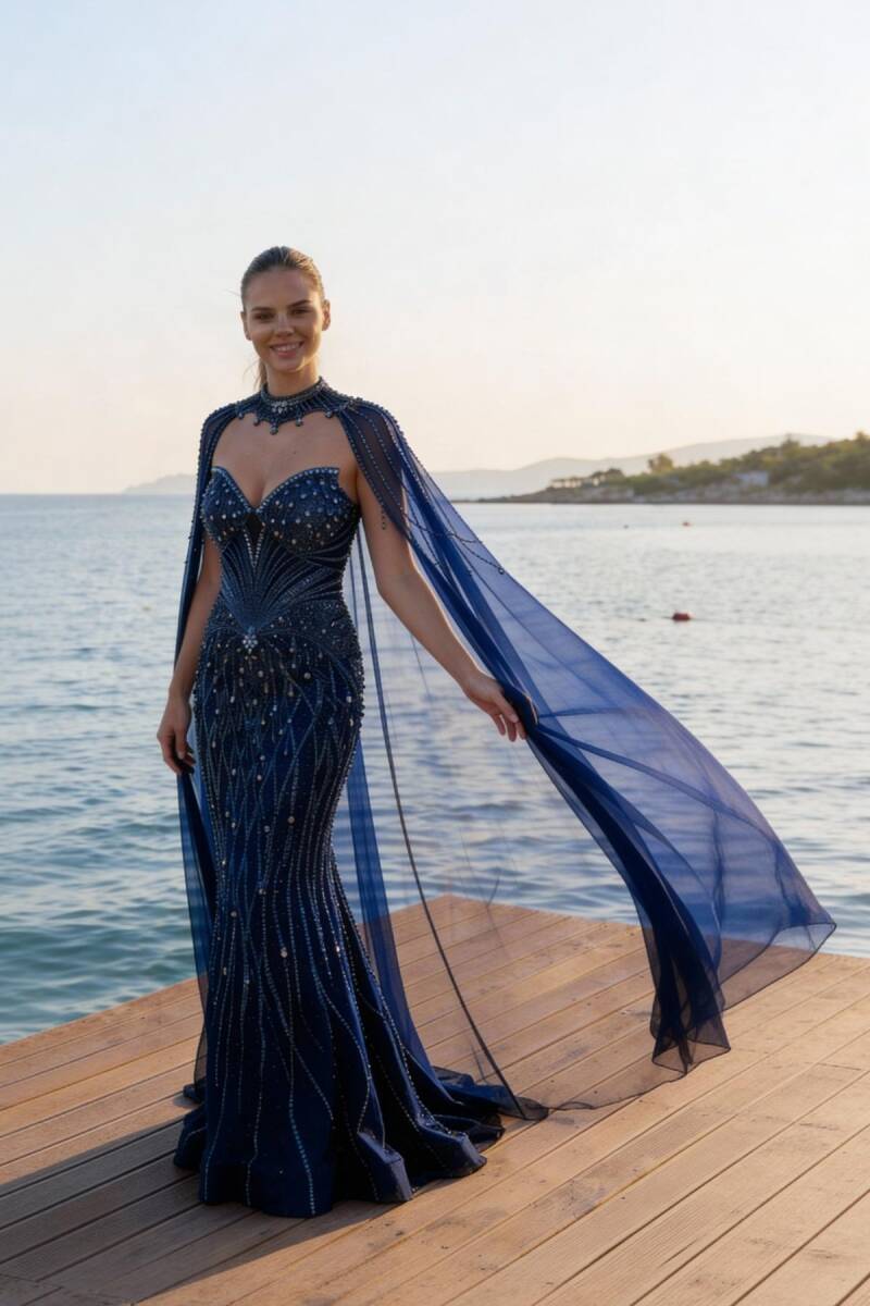 Siyah Straplez Pelerinli Sarkanca Taşlı Balık İthal Abiye Elbise 25 - 2