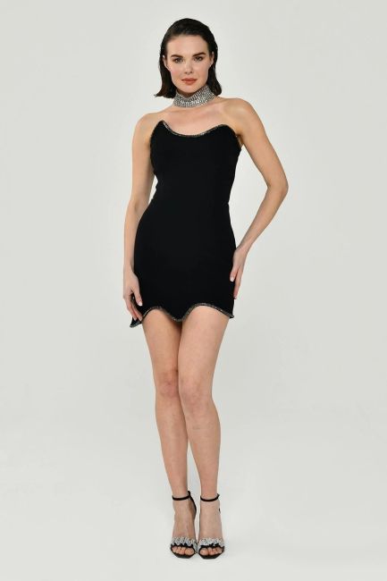 Siyah Straplez Şerit Aksesuarlı Mini Abiye Elbise 36 - 1