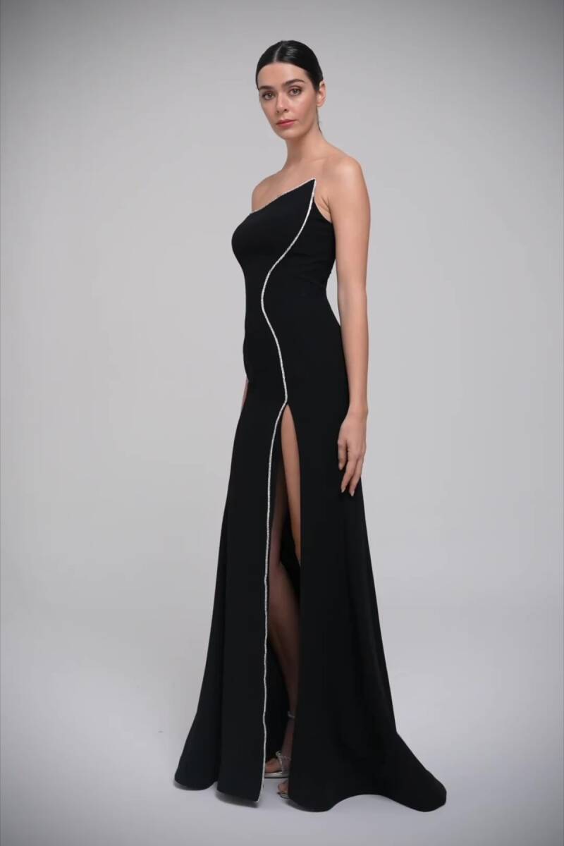 Siyah Straplez Sivri Yaka Yırtmaçlı Taş Şeritli Büyük Beden Abiye 62 - 3