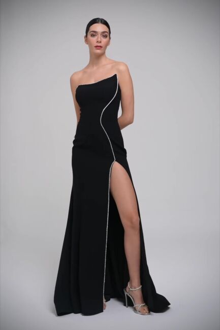 Siyah Straplez Sivri Yaka Yırtmaçlı Taş Şeritli Büyük Beden Abiye 62 - 4