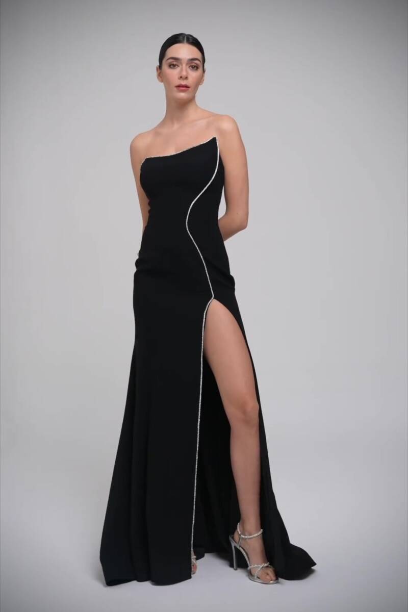 Siyah Straplez Sivri Yaka Yırtmaçlı Taş Şeritli Büyük Beden Abiye 62 - 4