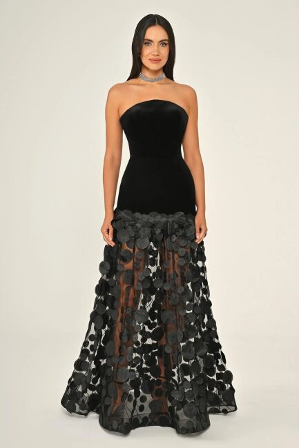 Siyah Straplez Üst Kadife Etek Üç Boyutlu Transparan Etek Uzun Abiye Elbise 23 - ALFABETA