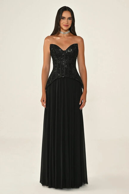 Siyah Straplez Üst Payet Etek Şifon Uzun Elbise 67 - ALFABETA