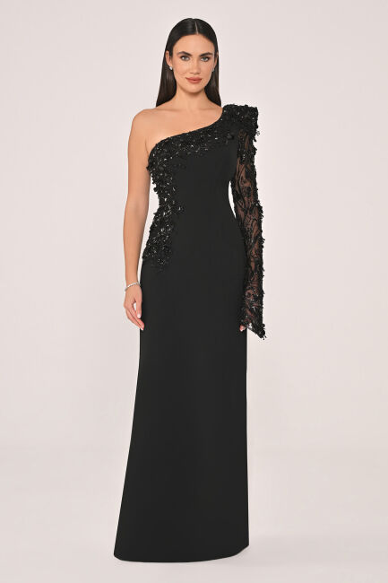 Siyah Tek Kol Beden İşlemeli Balık Abiye Elbise 50 - ALFABETA