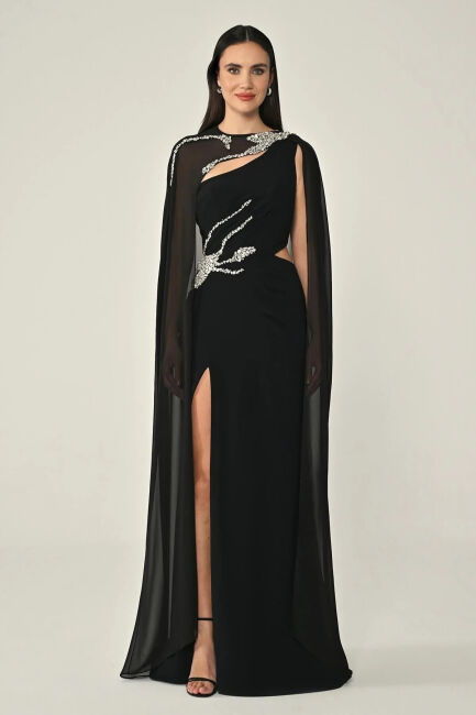Siyah Tek Omuz Drape Ve Taş Taş Detaylı Pelerinli Abiye Elbise 96 - ALFABETA