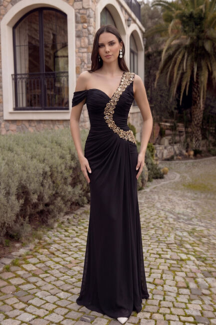 Siyah Tek Omuz Düşük Kol Drapeli Taşlı Abiye Elbise 92 - 3