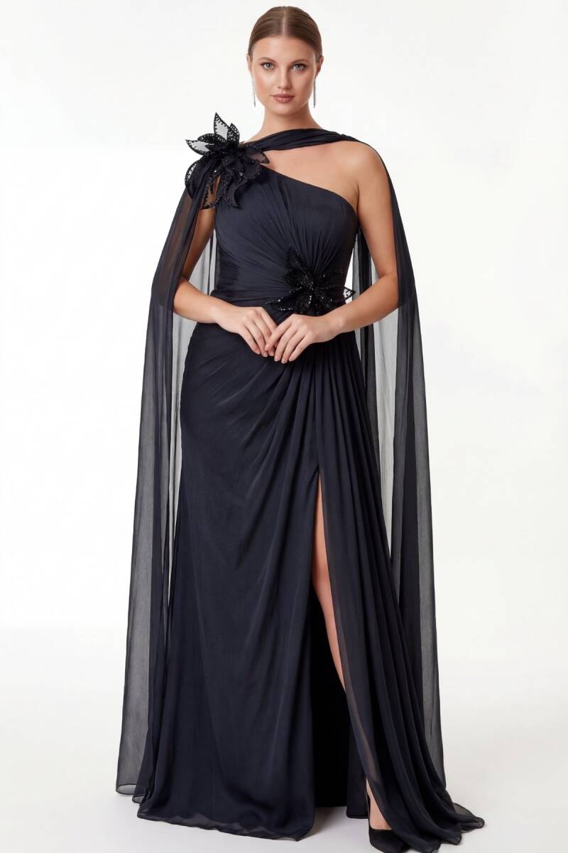 Siyah Tek Omuz Yapraklı Şallı Drapeli Yırtmaçlı Büyük Beden Abiye Elbise 41 - 2