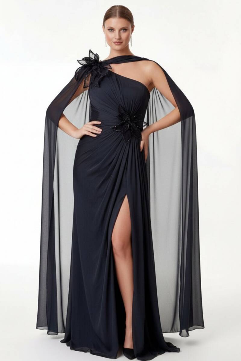 Siyah Tek Omuz Yapraklı Şallı Drapeli Yırtmaçlı Büyük Beden Abiye Elbise 41 - 1