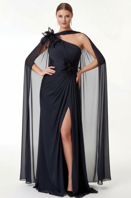 Siyah Tek Omuz Yapraklı Şallı Drapeli Yırtmaçlı Büyük Beden Abiye Elbise 41 - ÖMÜR İNN