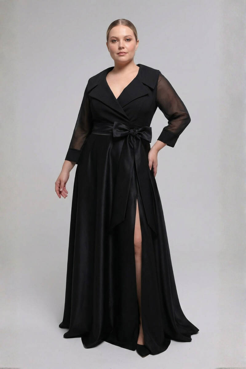 Siyah Truvakar Kol Yakalı Çift Renk Büyük Beden Abiye 60 - 1