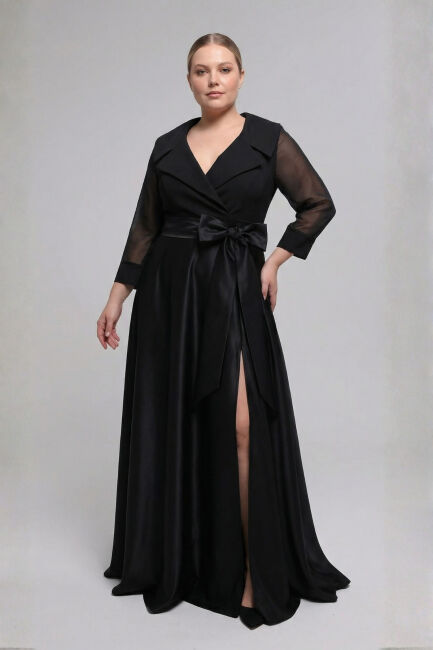 Siyah Truvakar Kol Yakalı Çift Renk Büyük Beden Abiye 60 - ŞEREF VURAL