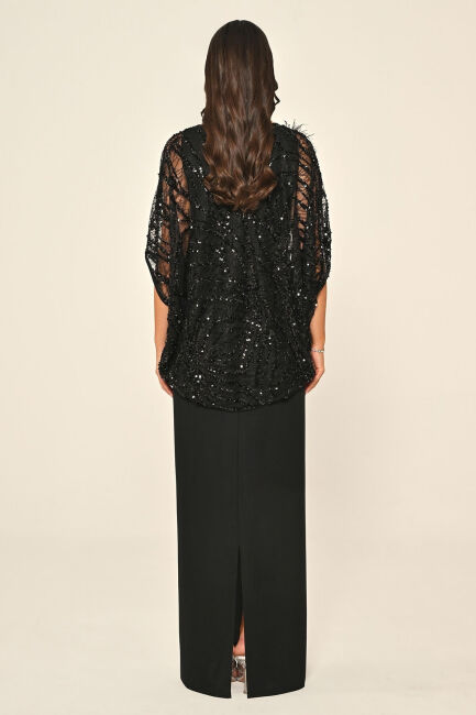 Siyah Üstü Payetli Omzu Çiçek Aksesuarlı Büyük Beden Abiye 15 - 4