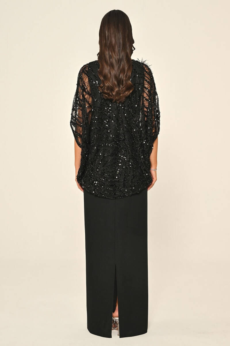 Siyah Üstü Payetli Omzu Çiçek Aksesuarlı Büyük Beden Abiye 15 - 4