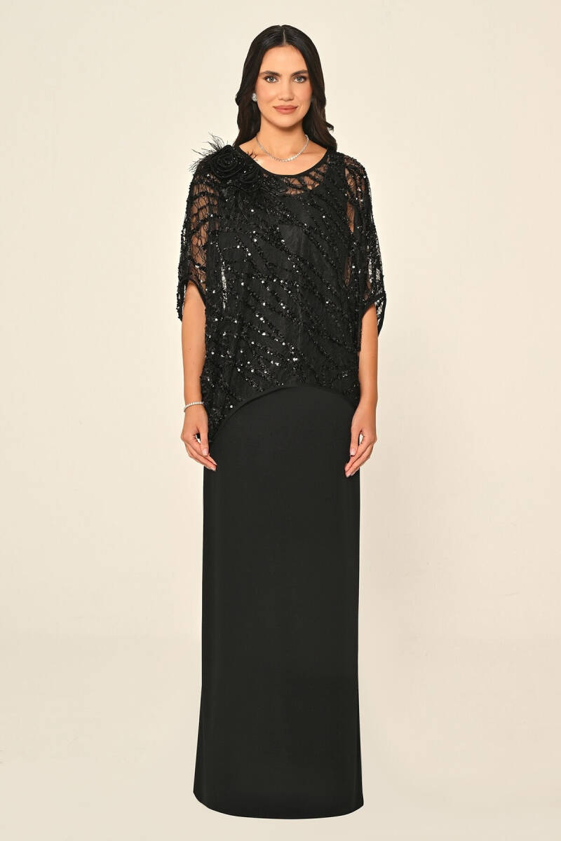 Siyah Üstü Payetli Omzu Çiçek Aksesuarlı Büyük Beden Abiye 15 - 1