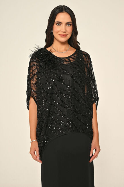 Siyah Üstü Payetli Omzu Çiçek Aksesuarlı Büyük Beden Abiye 15 - 2