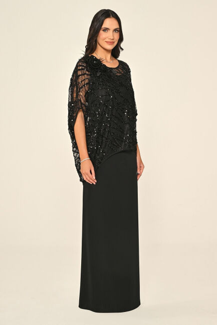 Siyah Üstü Payetli Omzu Çiçek Aksesuarlı Büyük Beden Abiye 15 - 3