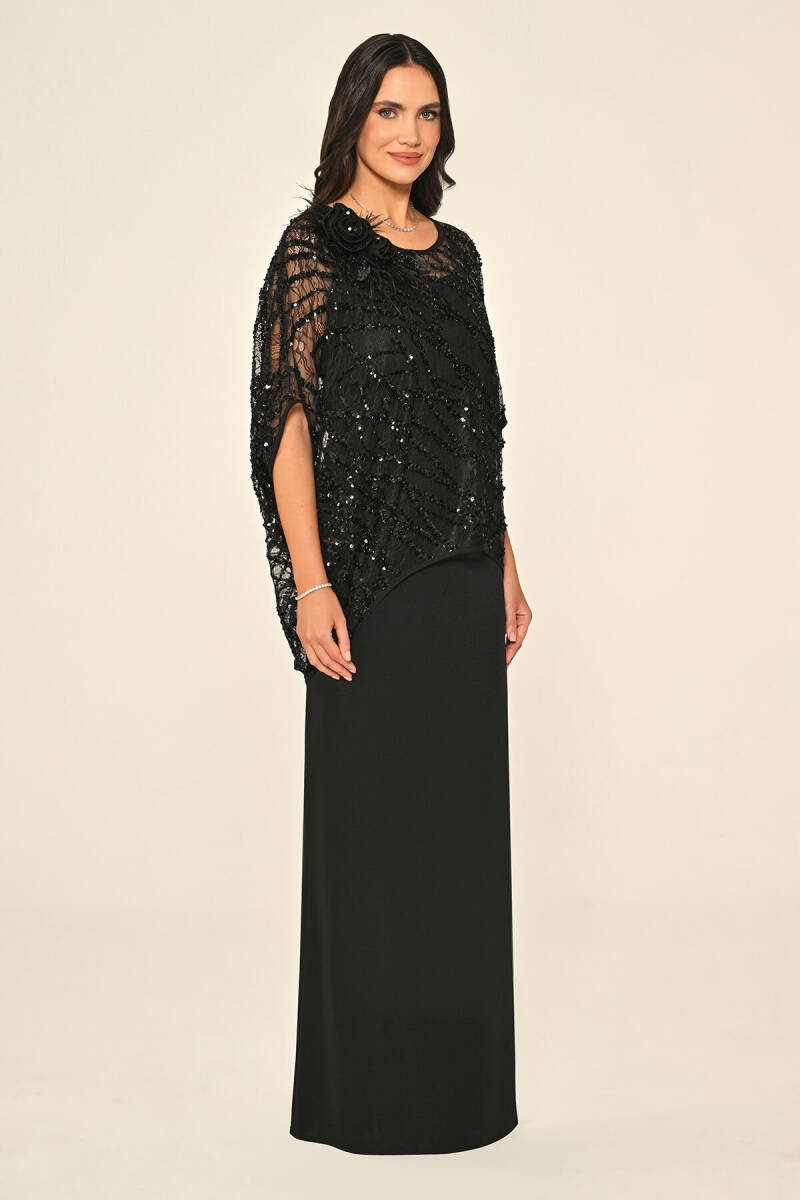 Siyah Üstü Payetli Omzu Çiçek Aksesuarlı Büyük Beden Abiye 15 - 3