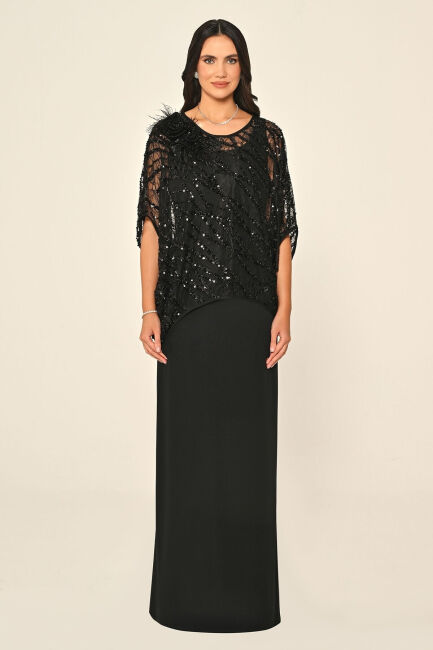 Siyah Üstü Payetli Omzu Çiçek Aksesuarlı Büyük Beden Abiye 15 - ALFABETA