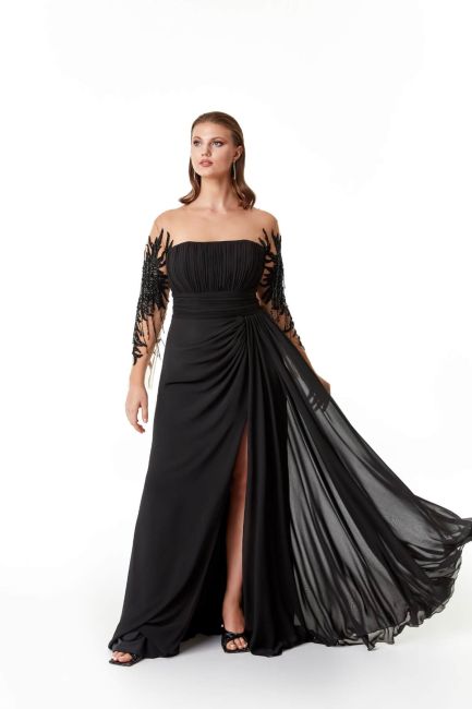 Siyah Uzun Dantel Kol Sarkancalı Büyük Beden Elbise 31 - Thumbnail