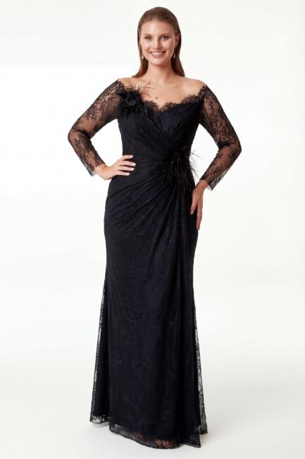 Siyah Uzun Kollu Dantel Otriş Detaylı Drapeli Yıtmaçlı Büyük Beden Abiye Ebise 91 - 1