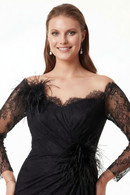 Siyah Uzun Kollu Dantel Otriş Detaylı Drapeli Yıtmaçlı Büyük Beden Abiye Ebise 91 - 2