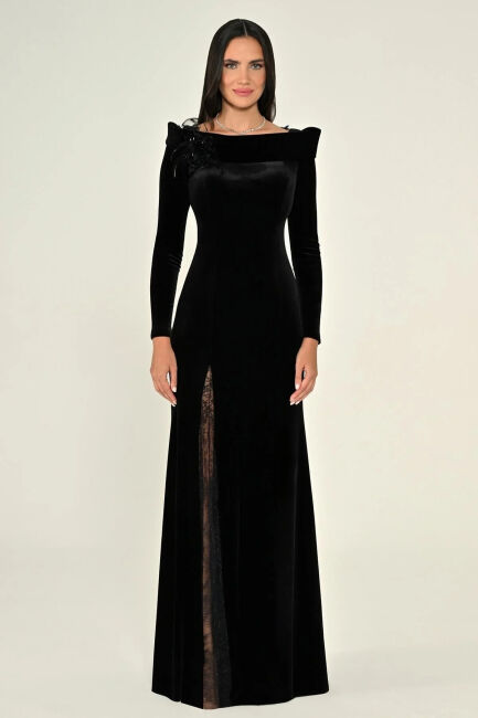 Siyah Uzun Kollu Sırtı ve Yırmacı Dantelli Kadife Abiye Elbise 86 - ALFABETA