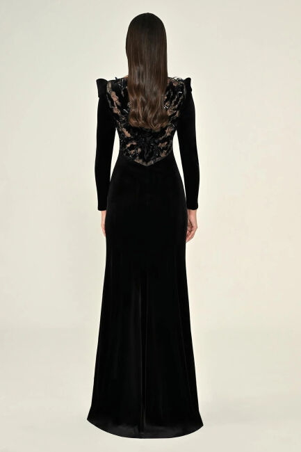 Siyah Uzun Kollu Sırtı ve Yırmacı Dantelli Kadife Abiye Elbise 86 - 4
