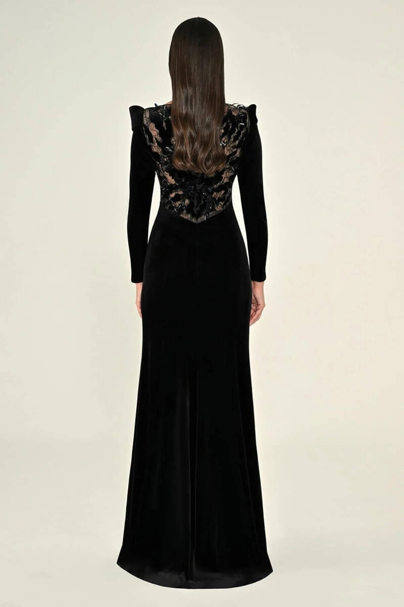 Siyah Uzun Kollu Sırtı ve Yırmacı Dantelli Kadife Abiye Elbise 86 - 4
