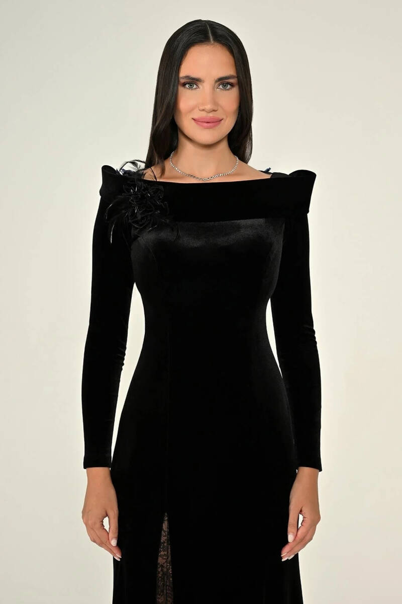 Siyah Uzun Kollu Sırtı ve Yırmacı Dantelli Kadife Abiye Elbise 86 - 2