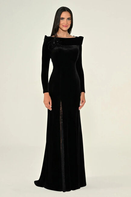 Siyah Uzun Kollu Sırtı ve Yırmacı Dantelli Kadife Abiye Elbise 86 - 3
