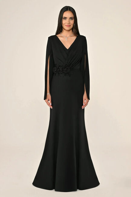 Siyah V Yaka Çiçek Aksesuarlı Kollu Krep Büyük Beden Abiye Elbise 24 - ALFABETA