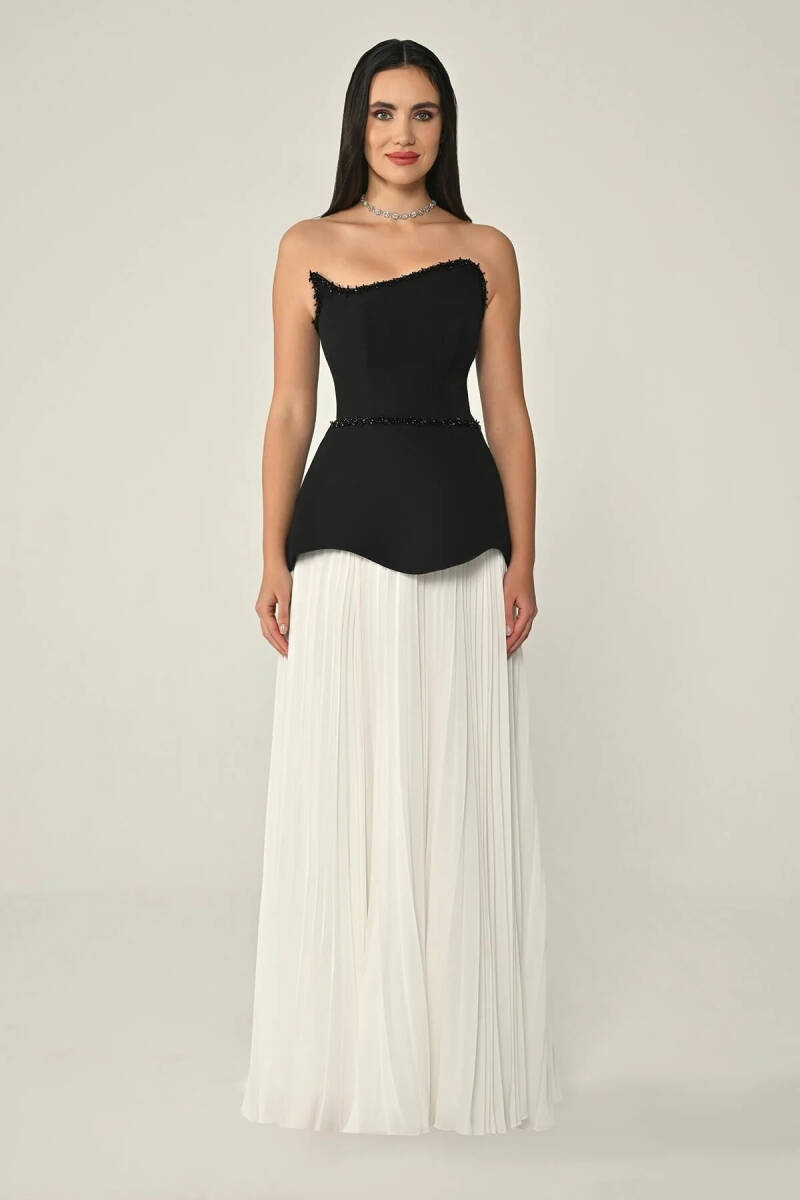 SiyahBeyaz Asimetrik Taşlı Yaka Pilise Etek Abiye Elbise 27 - 1