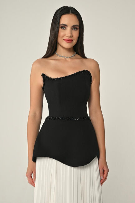 SiyahBeyaz Asimetrik Taşlı Yaka Pilise Etek Abiye Elbise 27 - 2