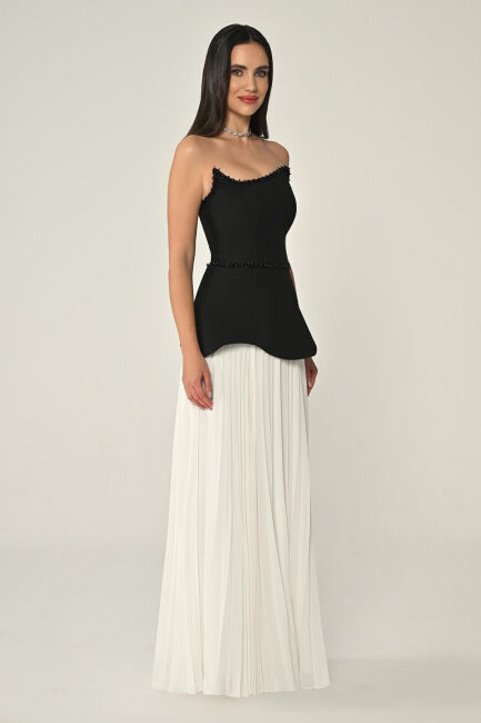 SiyahBeyaz Asimetrik Taşlı Yaka Pilise Etek Abiye Elbise 27 - 3