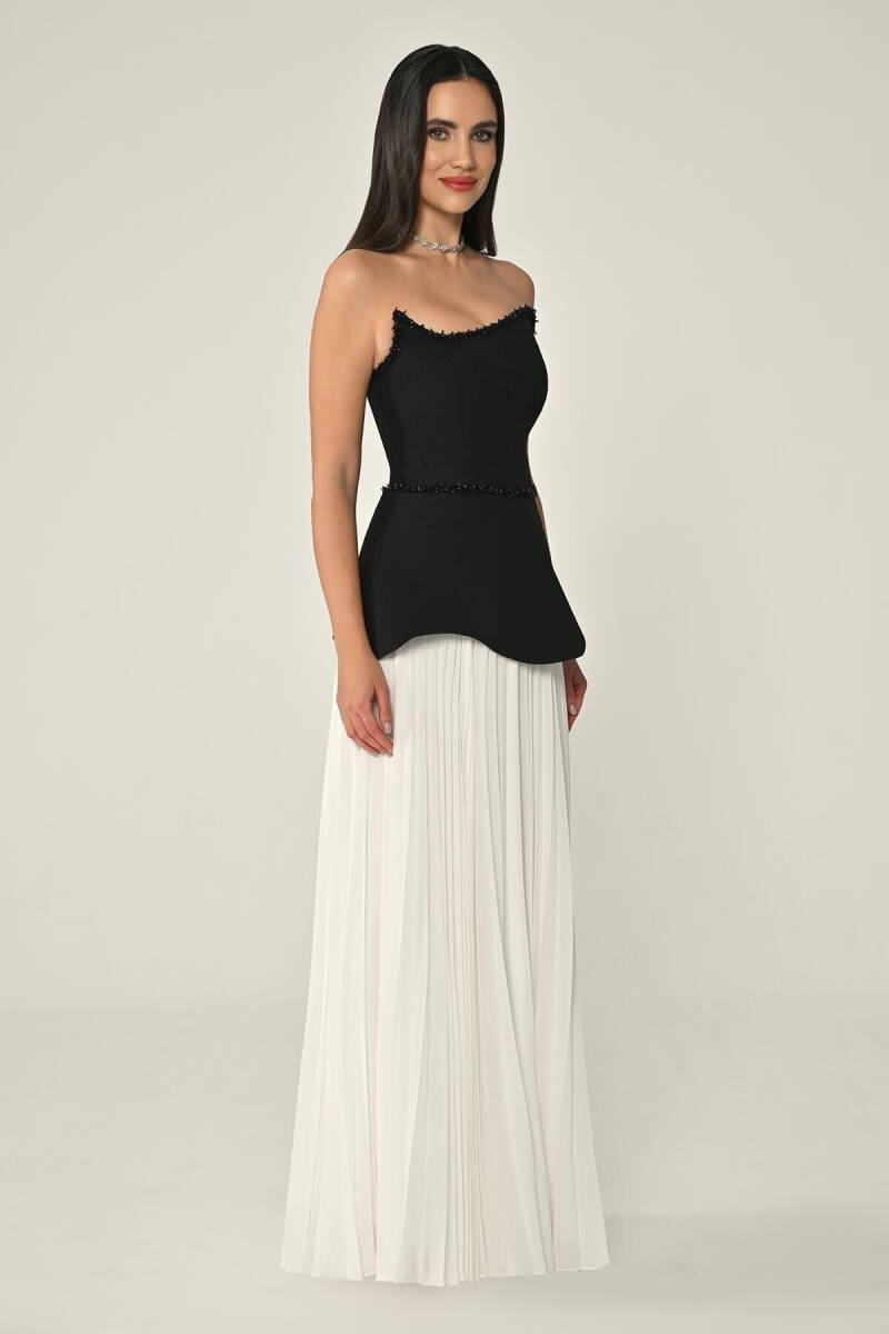 SiyahBeyaz Asimetrik Taşlı Yaka Pilise Etek Abiye Elbise 27 - 3