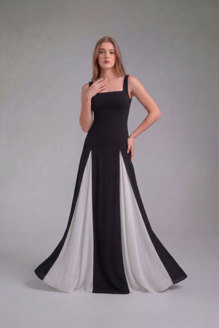 SiyahBeyaz Askılı Kare Yaka Şifon Yırtmaçlı Büyük Beden Abiye - ŞEREF VURAL