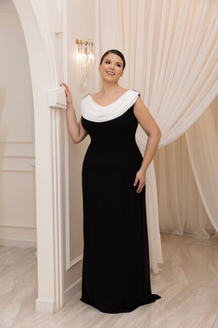 Black and White Off Shoulder Neckline V Pleat Back Double Color Plus Size Evening Dress - Şeref Vural