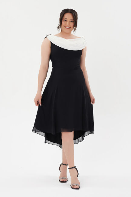 Black and White Off Shoulder Neckline V Pleat Back Double Color Short Evening Dress - Şeref Vural