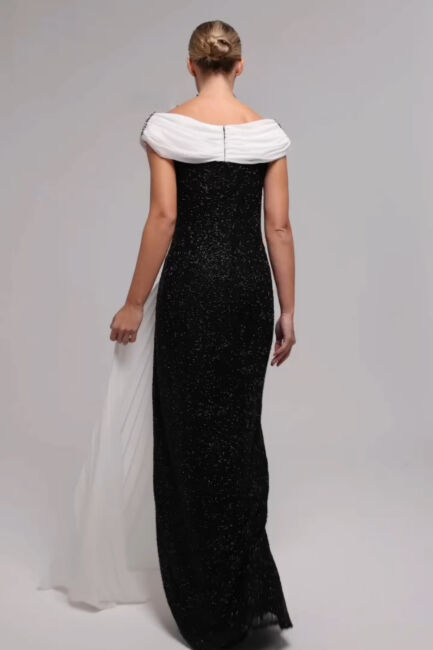 SiyahBeyaz Kayık Yaka Omuzu Taşlı Yırtmaçlı Pliseli Büyük Beden Abiye Elbise 96 - 2