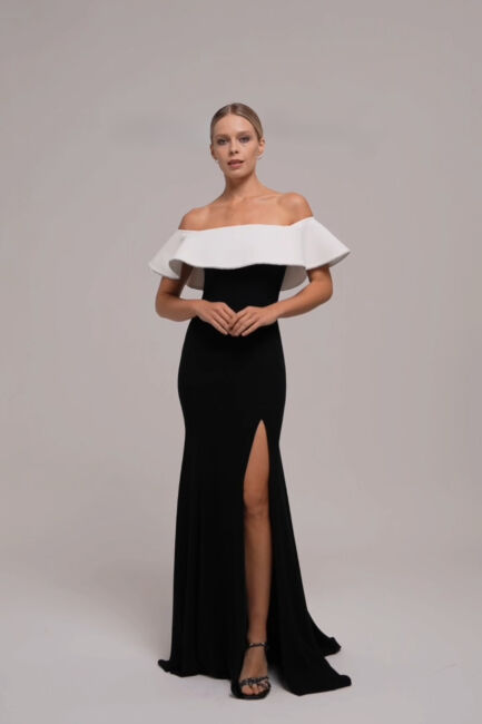 SiyahBeyaz Kayık Yaka Şerit Taşlı Yırtmaçlı Krep Büyük Beden Abiye 77 - ŞEREF VURAL