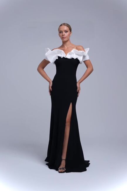 SiyahBeyaz Kayık Yaka Yırtmaçlı Balık Büyük Beden Abiye 19 - Şeref Vural