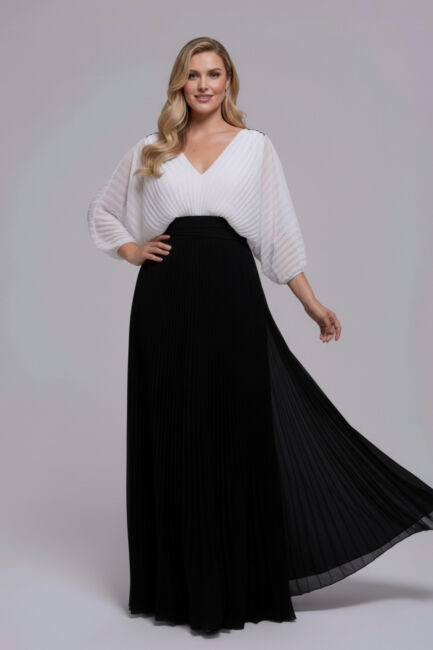 SiyahBeyaz Ön Arka V Pliseli Yarasa Kol Şifon Büyük Beden Abiye 64 - ŞEREF VURAL