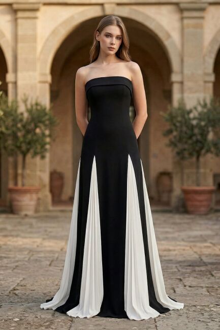 SiyahBeyaz Straplez Duble Yaka Şifon Yırtmaçlı Abiye Elbise 33 - ŞEREF VURAL