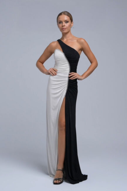 SiyahBeyaz Tek Omuz Simli Şerit Taşlı Yırtmaçlı Abiye Elbise 24 - ŞEREF VURAL